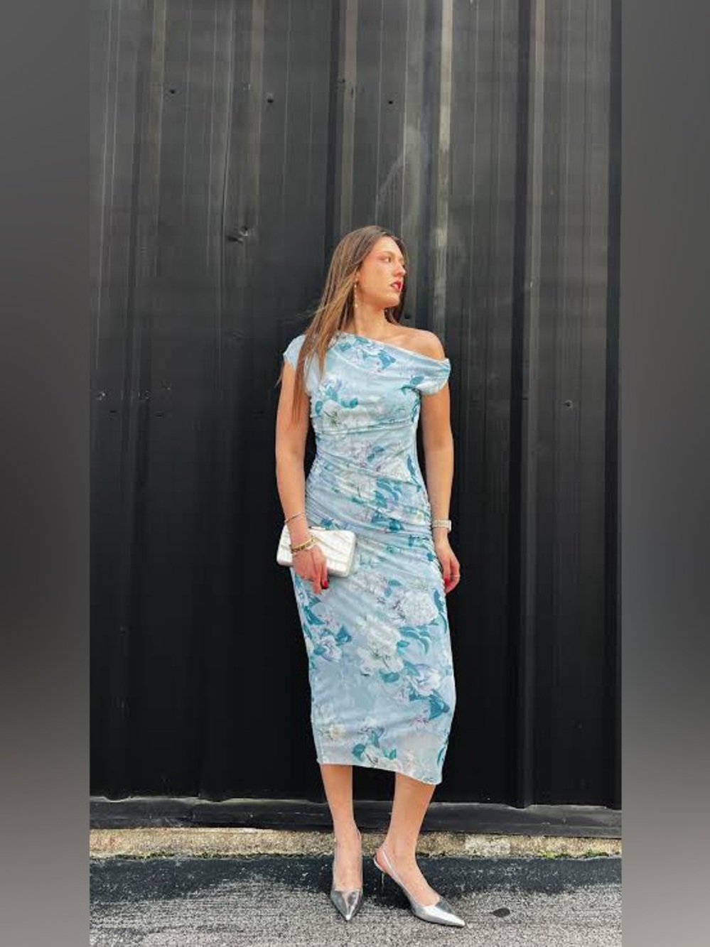 Steve Madden Gracelyn Floral Ruched One-Shoulder Midi Dress